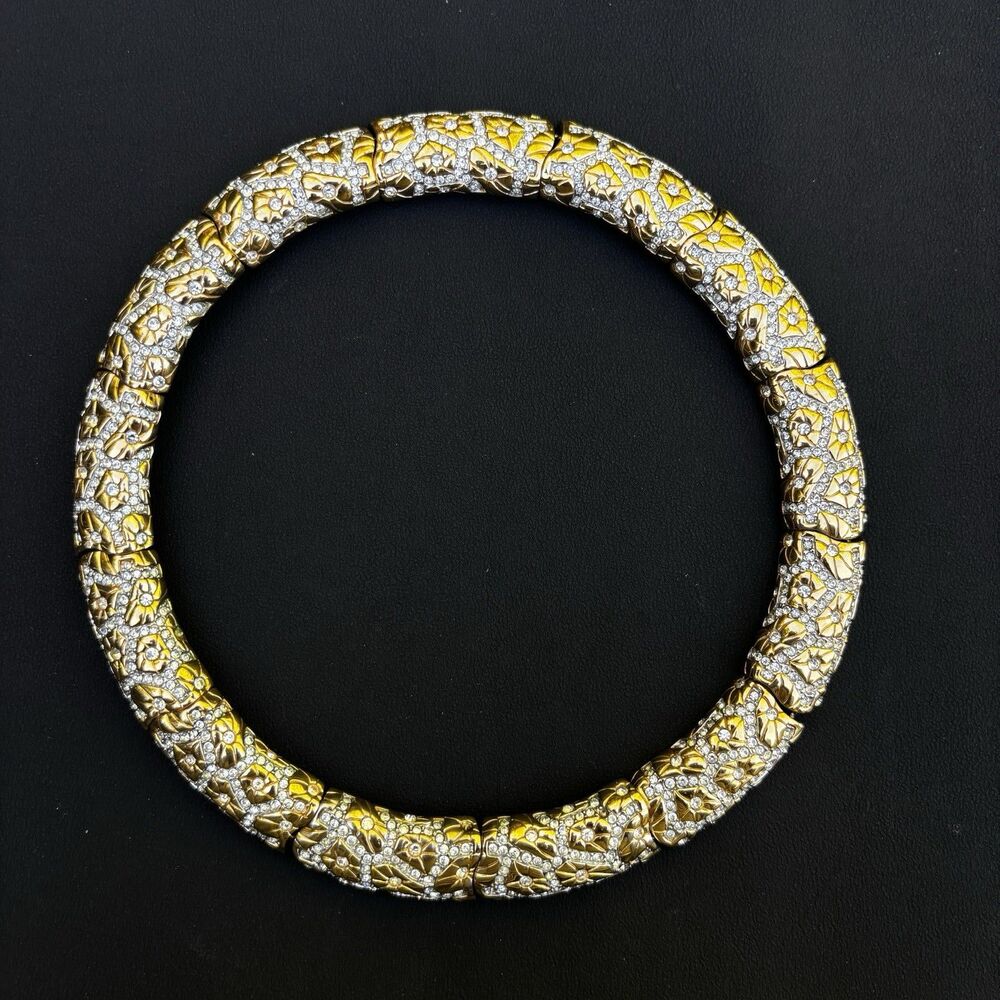 Vintage Swarovski Gold Tone Crystal Floral Link Necklace 16” Signed Swan Retired